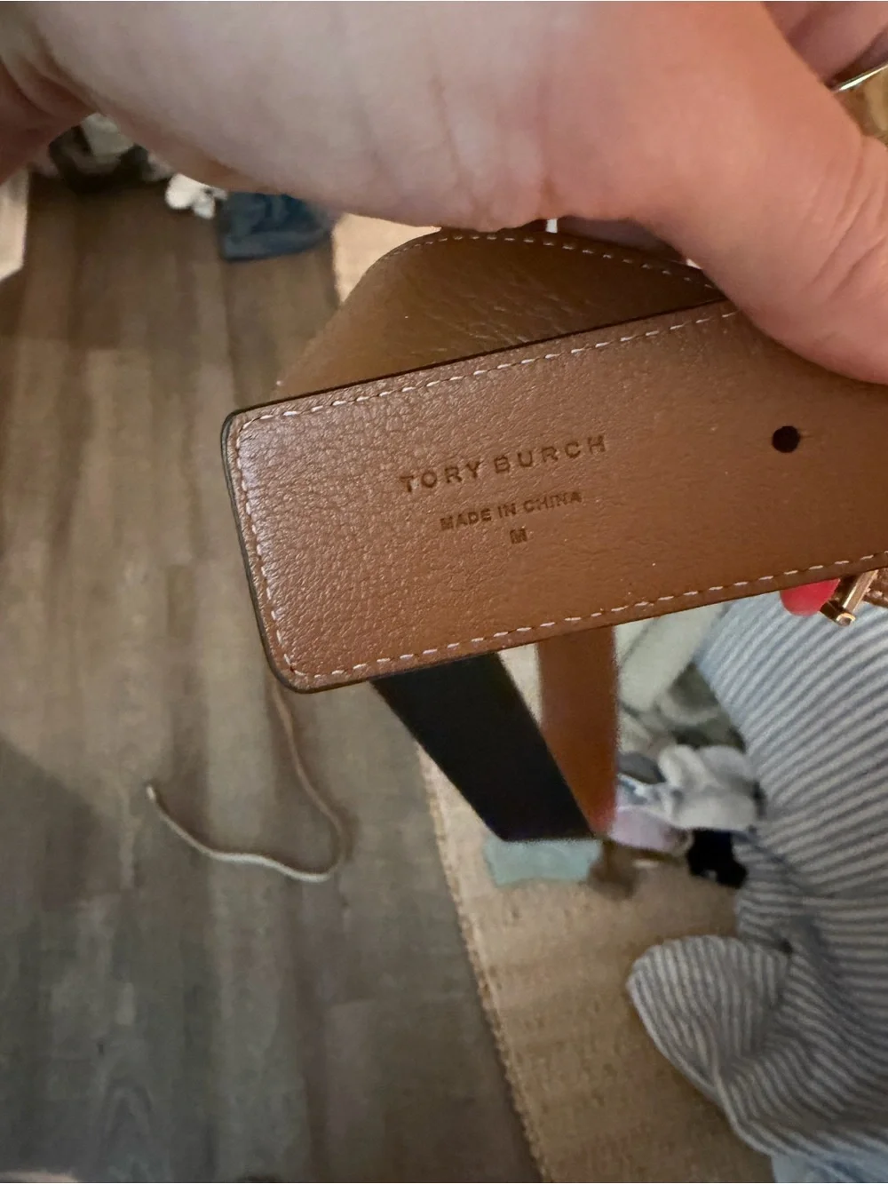 Tory Burch Miller Reversible Black/Brown Leather Belt with Gold Logo Medallion